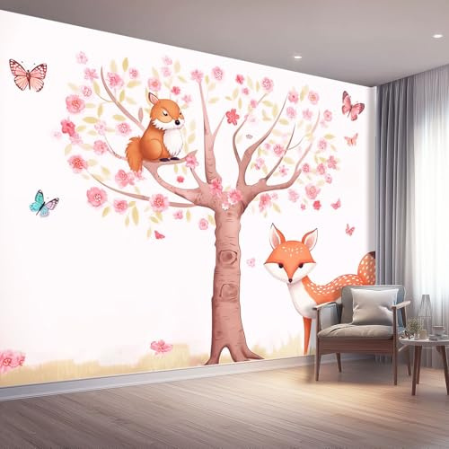 Generico Carta Da Parati In Tessuto Non Tessuto Rosa, Animali Della Foresta Alberi Ciliegio Fiore Decorazione Per Camera Da Letto Soggiorno Ufficio Corridoio Dimensioni 150 x 105 cm（WxH