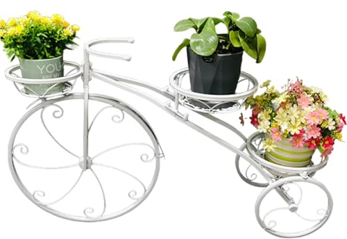 Joygoodta Supporto per Piante Triciclo in Ferro battuto, Carrello per Fiori a 3 Livelli per Giardino Interno ed Esterno, Bianco