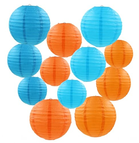 Farolillos De Papel AUEJACKY 12 Multicolores Redondas Linternas De Papel, 15/20/25 CM, para Decoración De Bodas, Cumpleaños, Fiestas Prenatales Y Jardines. (Naranja Azul)