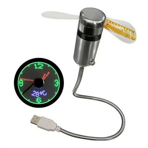 Mini ventilador de reloj LED USB, ventilador de reloj holograma, ventilador de escritorio alimentado por USB con reloj en tiempo real y pantalla de temperatura para escritorio de oficina y