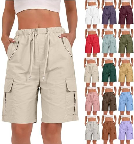 Générique Bermuda Femme Ete Cargo Short Fluide Longueur Genoux Taille Haute Leger Large Short Long Été Pantalon Court Chic Ample Taille Elastique Short de Travail Randonnée Cargo Pantalon