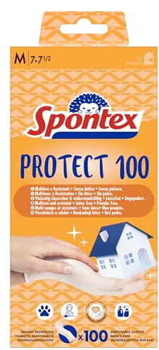 Spontex Guanti Monouso Protect 100, Guanti in Vinile, Ipoallergenici, Senza Polvere e Senza Lattice, Confezione da 100 Pezzi, Taglia M