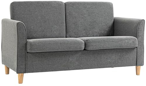 HOMCOM 2 Seater Sofa, Compact Loveseat, Linen Upholstered Couch with Wood Legs and Armrest, Small Sofa for Living Room and Home Office Grey