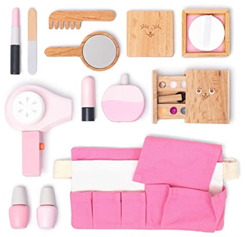 UMU® Kinder Holz Kosmetik Spielset mit Tasche inkl. Make-up, Föhn, Spiegel, Parfüm u. v. m., Kosmetikkoffer zum Rollenspiel, 12 STK Schminkset, Holzschminke Spielzeug für 3, 4, 5 Jahre alt Mädchen