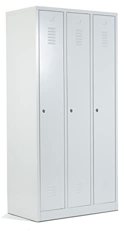 Schrank & Stuhl Spind – Metallspind mit 3 Abteilen in 180 x 90 x 50 cm, Schließfachschrank mit Hutboden & Drehriegelverschlüssen, Lieferung komplett montiert, Grau