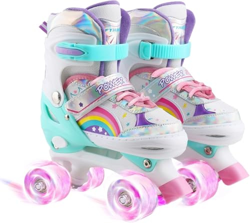 Adjustable Kids Roller Skates for Girls Children Beginners, 4 Sizes Adjustable Roller Skates Rainbow Color for Toddler Little Kids Child with All Wheels Light Up (Rainbow, Medium)