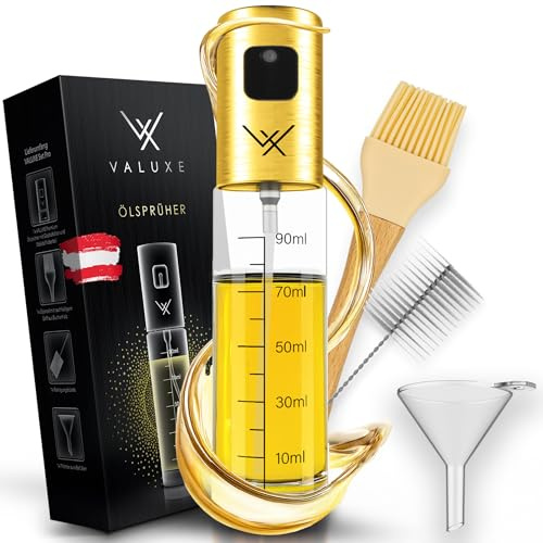 VALUXE® Ölsprüher für Speiseöl & Essig aus Edelstahl & Glas | Multifunktionale Öl-Sprühflasche präzise & bruchsicher mit Spezialdüse - Olivenöl Sprüher, Öl-Zerstäuber, Oil-Sprayer gold