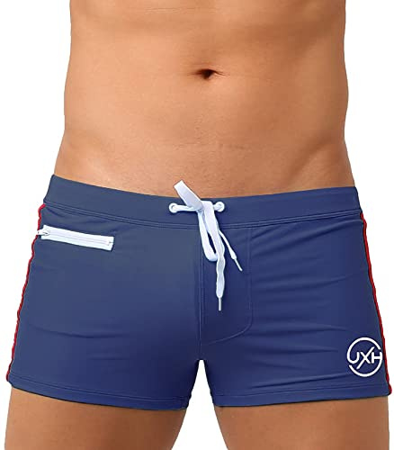 AIEOE Bañador tipo bóxer para hombre, ajustado, corto, push up, con almohadilla extraíble y bolsillo pequeño con cremallera, de secado rápido, para natación, surf, azul oscuro, XL