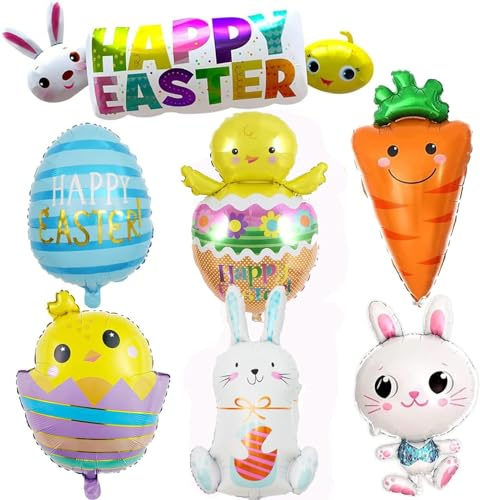 7 Stück Ostern Luftballons Osterdeko XXL Osterhase Folienballons Helium Ballons Ostern Party Dekoration Osterhase Karotte Küken Luftballons