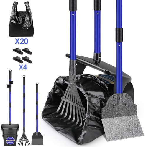 Lukovee Dog Pooper Scooper, 37.4 Long Adjustable Metal Handle Swivel Bin & Rake & Spade Kit with 20 Poop Bags, Portable Dog Non-Breakable Poop Scooper for Gravel Yard Lawn Grass, Blue