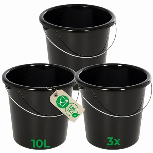 Novaliv 3 Stück Eimer 10L Schwarz mit Maßeinteilung - Putzeimer 10 Liter ? 28,5 cm Praktischer Allrounder mit Skala für Haushalt & Garten ideal als Haushaltseimer, Wassereimer, Wischeimer, Bucket