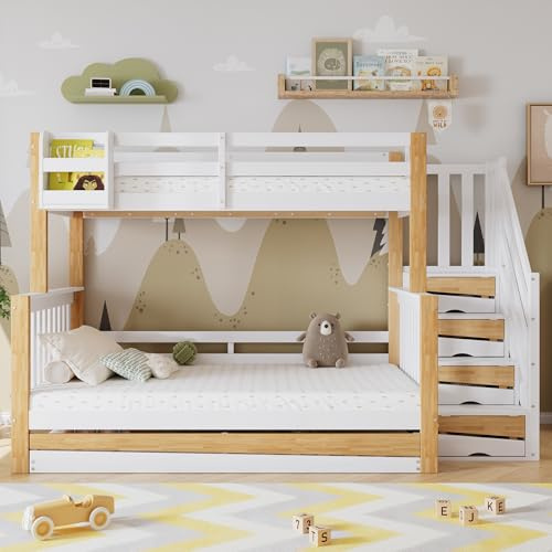 YAIXBNG Våningssäng, barnsäng, med fallskydd och galler, designad med tre sängpositioner, med rullsäng, speciell dörrbeklädningsdesign, hörntrappa, tall + MDF, vit + natur, 90 x 200 och 120 x 200 cm
