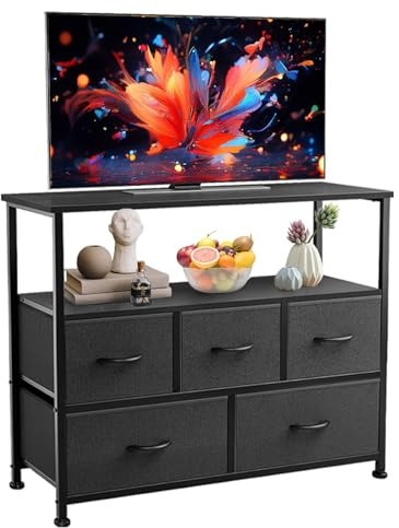 TV-Schrank mit 5 Schubladen – Lowboard Kommode mit offenen Fächern & Holzplatte, Sideboard aus Stoff & Metall für Wohnzimmer, Schlafzimmer, Flur, modernes Design, vielseitig einsetzbar, Schwarz