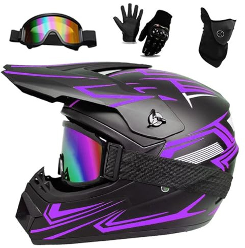 Casque de Motocross pour Jeunes Enfants avec Lunettes, Gants, Masque, Moto Tout-Terrain, VTT, BMX, Descente, VTT, Quad, Homologué Dot(Style Purple,S(52-53cm))