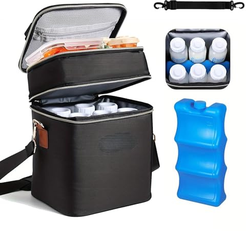 Breastmilk Cooler Bag Double Layer: Baby Bottles Bag with Ice Pack Fits 6 Bottles Waterproof Oxford Fabric Small Cooler Lunch Bags for Nursing Moms