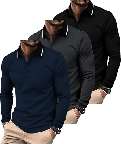 SwissWell 3er Pack Poloshirt Herren Langarm mit Brusttasche Golf Polo T-Shirt Atmungsaktives Leichtes Polohemd für Business Casual