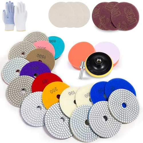 4 Inch Diamond Polishing Pads, 22 Pack Tile Polishing Pads Kit with 5/8''-11 Backer Pad for Drill, Grinder, Polisher, 50-6000 Grit Wet/Dry Granite Stone Polish Pad for Granite Marble Concrete Stone