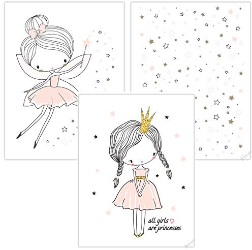 timalo® 3 Stück Kinderzimmer Bilder Set - Mädchen Poster süße Prinzessin, Sterne und Fee in pastellrosa p-3er-set-004-A4
