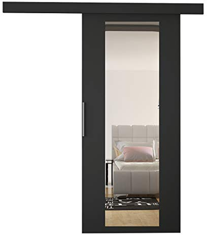 Mirjan24 Schiebetürsystem Flash IV 90 mit Spiegel (Schwarz) | Komplettes Schiebetür-Set mit Aluminiumgriff und Selbstschließsystem, wahlweise links oder rechts montierbar