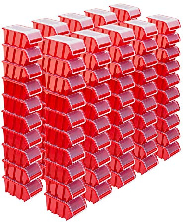 Set med staplingsbara lådor – 100 x stapelbara lådor med lock, 195 x 120 x 90 mm, genomskinlig låda, stapellåda, förvaringslåda, röd