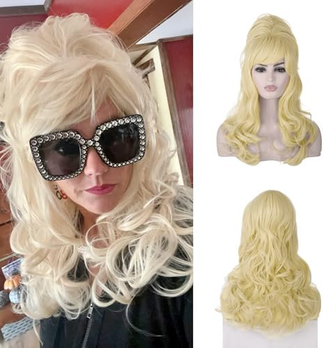 Peluca de mujer Morticia Beehive Vintage | Peluca larga y rizada de Updo Victorian Fembot Funny Drag (Rubio)
