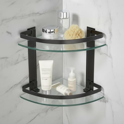 PORTE ITALIANE, Mensola Angolare per Bagno, Doppio Ripiano in Vetro Temperato da 8 mm e Barra in Alluminio, Fino a 5 kg di Peso per Ripiano, 32,5x24x27,5 cm, Nero