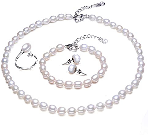 925 Sterling Silber Schmuck Für Frauen Süßwasserperlen Schmuck Set Halskette/Armband/Ring/Ohrstecker