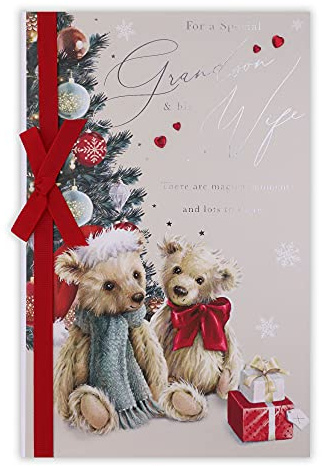 Clintons: Teddies By Tree Weihnachtskarte für Enkel und Ehefrau, mit englischer Aufschrift
