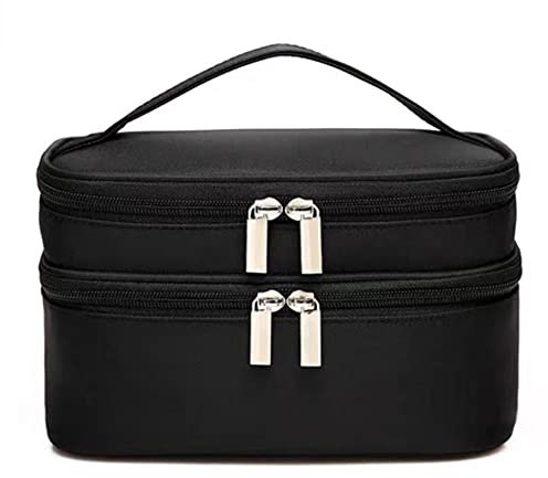 Puhui Kosmetiktasche Kulturtasche Kulturbeutel Reise Damen Herren Männer Mädchen Portable wasserdichte Waschtasche Make Up Tasche Schminktasche Oxford Stoff Doppelschicht Zip Große 23x13x15-Schwarz
