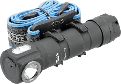 Walther HLC2r Stirnlampe, Wiederaufladbar, USB Kopflampe, IPX6 Wasserdicht, inkl. Akku 18350, Ladekabel, MOLLE-Clip, Handschlaufe und Ersatzdichtung