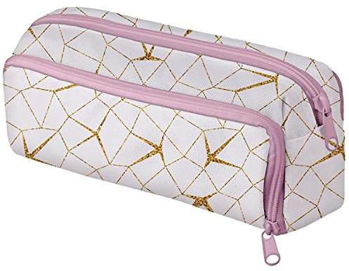 Mäppchen Federtasche 3 Fach Bunte Federmäppchen Schüleretui Stiftemappe mit Reißverschlüssen Netztaschen und Gummiband Stiftehalter Golden Marmor [152]