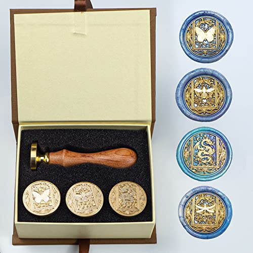 ANBOSE Wachs Tier Stempel Set mit 4 PCS abnehmbare Messingköpfe und 1 Holzgriff, Starry Bee Dragon Sealing Wachs Stempel für Karten Einladungen