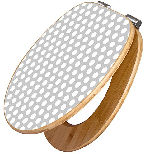 banjado Design WC Sitz Bambus Absenkautomatik 45,8x37,5cm / Toilettendeckel mit Absenkautomatik Holz/hochwertiger Bambus Klodeckel/WC-Sitz für gängigen Toiletten/Motiv Punkte Grau