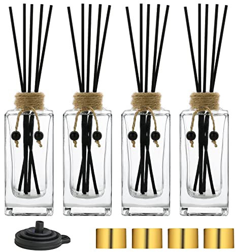Glass Reed Diffuser Set of 4 - 5oz/155ml Clear Empty Essential Oil Diffuser Bottles with Caps and Reeds - Decorative Bottle Set - Bulk Reusable Apothecary Perfume Jar Gift