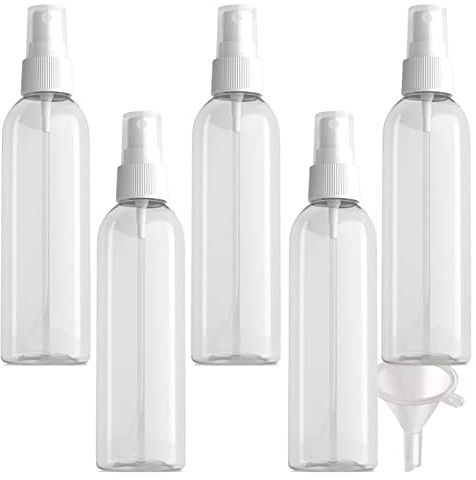 PQPAUTY 5 Stück Leere Transparent 200ml Kunststoff Sprühflasche mit Weiß Zerstäuber Flasche, Tragbar Feinen Nebel Pumpzerstäuber Zerstäuberflasche Parfümzerstäuber Reise Flakons, 1x Trichter