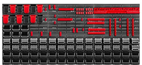 KADAX Verktygsvägghylla stor, 174 x 78 cm förvaringssystem av robust plast, UV-beständigt modulsystem, utbyggbara väggplattor, verkstadshylla för garage (röd och svart, 121 delar)