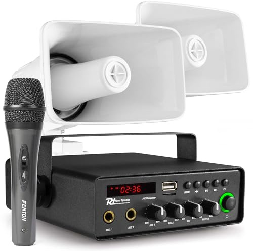 Power Dynamics Système de Sonorisation 12V 30W avec Microphone, Kit Haut-Parleurs Véhicule pour Glacier, Food Truck, Vente Ambulante