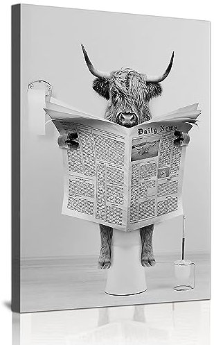 WADBTP Hochlandrind Badezimmer Bilder Schwarz Weiß Wandbilder für Wohnzimmer Badezimmer Schlafzimmer Deko-Rahmenlos (1pc-DW1, 1pc-40x60cm)