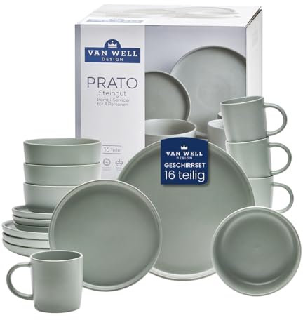 Van Well Prato - Set di stoviglie da 16 pezzi, per 4 persone, elegante servizio combinato in gres, adatto al microonde e alla lavastoviglie, design rotondo con bordo bianco