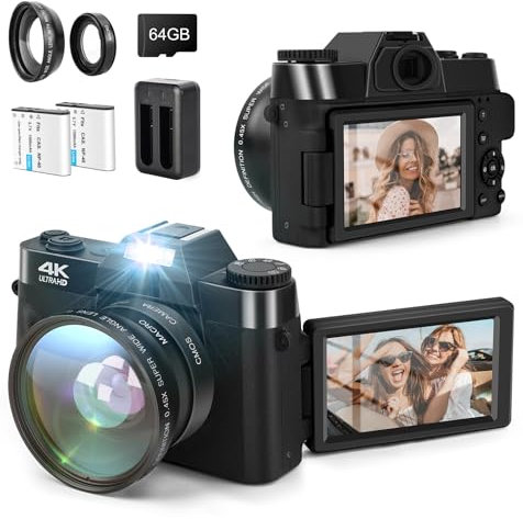 SOPPY 4K Digital Camera with WiFi, 48MP Video Camera with 32G SD Card, 3.0 IPS 180°Flip Screen, Wide Angle Lens, Macro Lens, 16X Digital Zoom, 2 Batteries, Travel Camera for Tiktok YouTube, Black