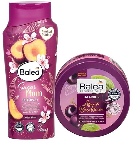 Balea 2er-Set Haarpflege: Shampoo SUGAR PLUM mit Pflaumenduft ohne Silikone für geschmeidiges Haar (300 ml) + Professional Haarkur ACAI & BASILIKUM Tiefenpflege für strapaziertes Haar (150 ml), 450 ml