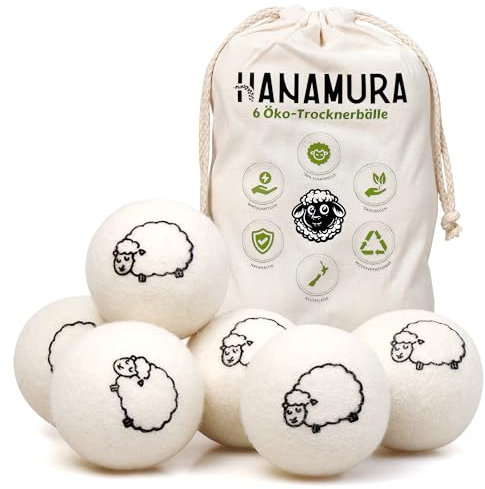 Hanamura Dryer balls - 6 Tumble dryer balls - 100% Sheep wool - With storage bag