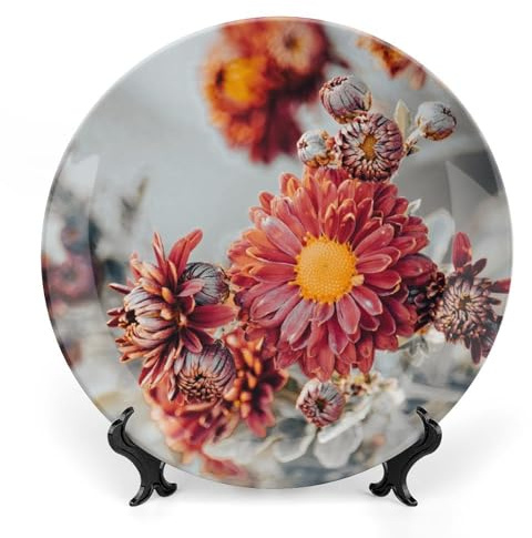 Chrysanthemum Flowers Decorative Plate for Wall Ceramic Home Wobble-Plate with Display Stand Table Decor Ornament Dinner Plate Dessert Dish Holiday Christmas Decoration 7