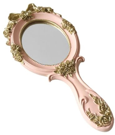 DOITOOL Retro Kosmetikspiegel mit Griff Tragbares Make Up Werkzeug aus Glas Kunstharz in Rosa für Damen zu Hause Unterwegs