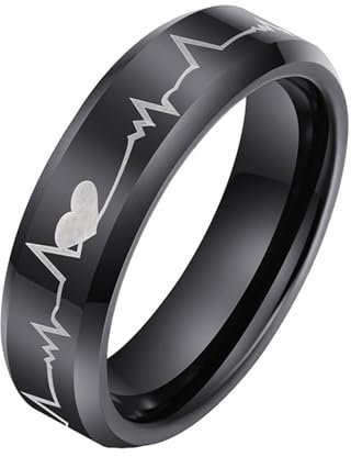 Skcess Ringe Männer, Wolfram Ring Herren Schwarz Elektrokardiogramm 6Mm Ringe für Herren Männer Größe 54 (17.2)