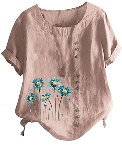 T-Shirt Femme à Manches Courtes Coton et Lin Hauts Chic et élégant Grande Taille Décontracté avec Bouton Col Rond Chemisier Ethnique Imprimé Floral Blouses de Mode Printemps et été Tunique