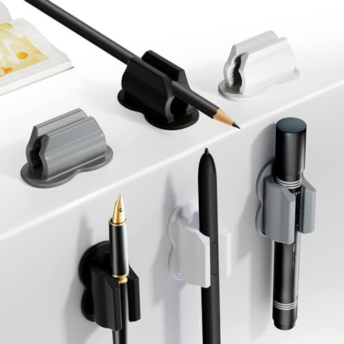 HAOXYO 6er Pen Holder Clip, Selbstklebend für Schreibtisch und Wand, Weicher Silikon Pen Holder für Schulklassenlehrer und Bürozubehör (Schwarz, Grau, Weiß)