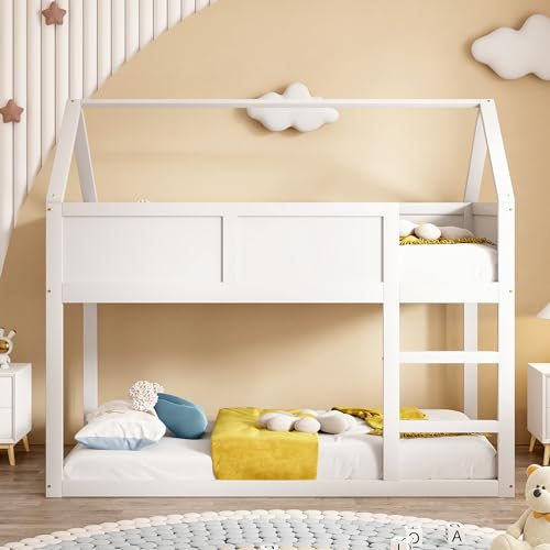 MQLAE Kinderbett Hochbett 90x200, Etagenbett Holzbett Hausbett für 2 Kinder, Bettgestell mit Rausfallschutz und 1 Lattenrost, Spielbett Stockbett für Jungen & Mädchen, Massivholzrahmen (Weiß)