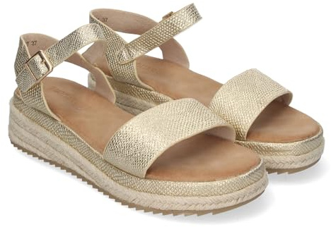 shoes&blues.es 85126 Sandalias Planas para Mujer, con Yute, Elegantes y Comodas con Pala Abierta y Hebilla Ajustable, Ideales para Verano. Oro Talla 40