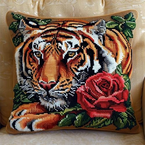 kitphoenix Latch Hook Kissen Kit Tiger Knüpfkissen Set für Anfänger Erwachsene oder Kinder zum Selber Knüpfen, DIY Knüpfteppich Knüpfpackung, Knüpfhaken Set 43 x 43 cm